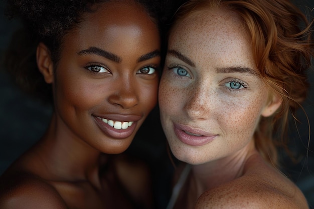 Foto multiracial women portrait black african american and white redhead with freckles diversity