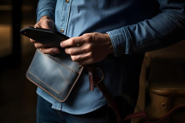 Multitarea en el Go Persona haciendo malabarismos con el teléfono celular y la billetera en la mano IA generativa