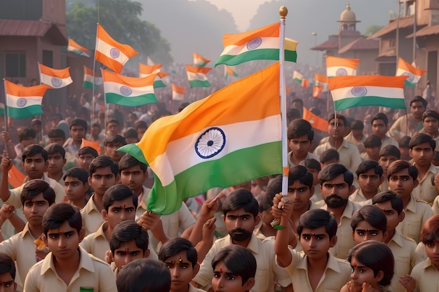 Foto multitud agitando la bandera de bharat