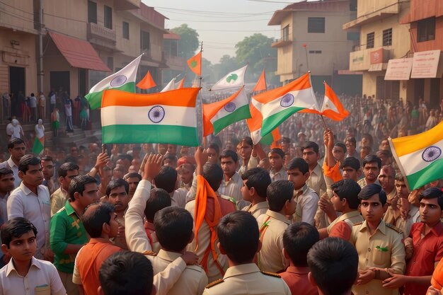 Foto multitud agitando la bandera de bharat