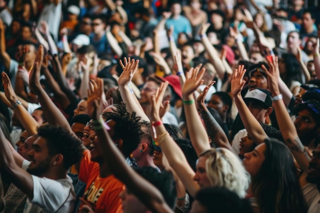 Una multitud alegre en un festival de música al aire libre con concierto en vivo y celebración