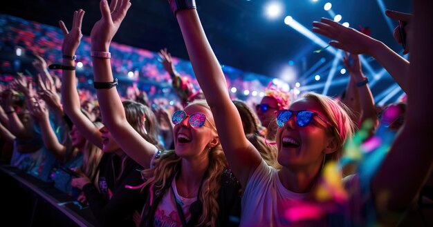 Una multitud animada y colorida en un colorido concierto temático