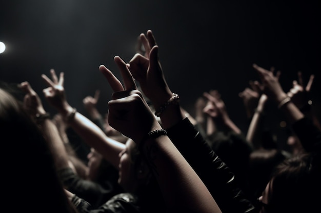 Multitud animando en un concierto con las manos en alto en el aire ai generativo