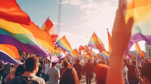 Una multitud con banderas arcoiris LGBT.