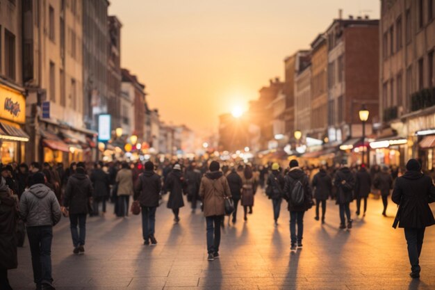 Multitud borrosa de personas irreconocibles en la calle al atardecer multitud de personas en una calle comercial