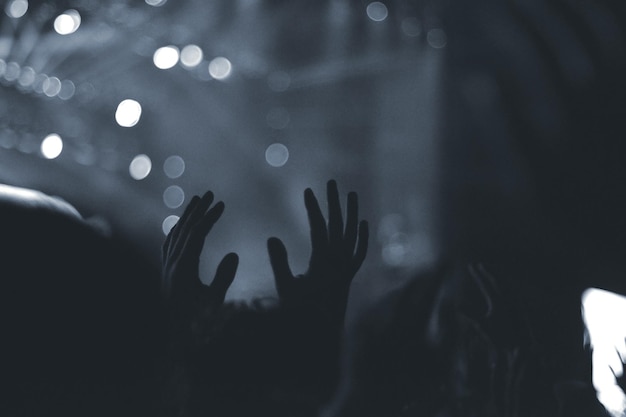 Foto multitud con los brazos levantados en un concierto de música