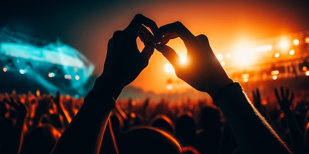 Una multitud en un concierto con las manos formando un símbolo de corazón