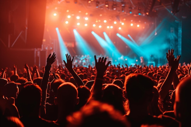 multitud en un concierto con las manos levantadas frente a un escenario con IA generada