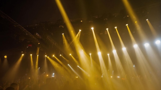 La multitud del concierto con las manos levantadas y las luces del escenario