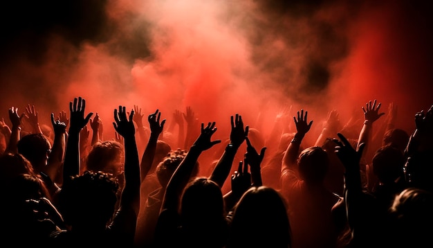 Una multitud en un concierto con polvo de naranja en el aire.