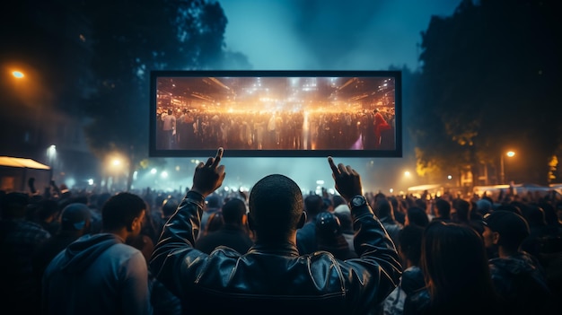 Foto multitud de conciertos asistiendo a un concierto las siluetas de la gente son visibles retroiluminadas por las luces del escenario las manos levantadas y los teléfonos inteligentes son visibles aquí y allí