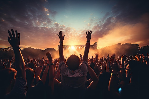 Multitud de conciertos frente a un escenario brillante en un festival de música. Multitud levantando la mano en el aire y disfrutando de un concierto en un festival generado por IA.