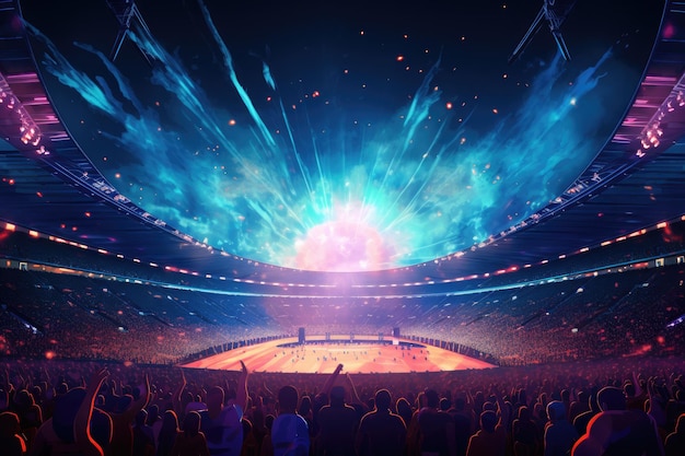 Multitud de conciertos frente a un gran escenario con luces y humo Un evento en vivo como un concierto o un espectáculo de descanso que tiene lugar en un estadio deportivo AI Generado