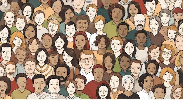 Multitud diversa de personas pancarta sin costuras de 100 caras diferentes dibujadas a mano de varias etnias