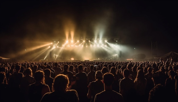 Multitud emocionada aplaude en concierto de música popular generado por IA