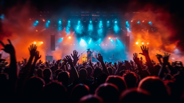 Una multitud enérgica con las manos levantadas en un concierto