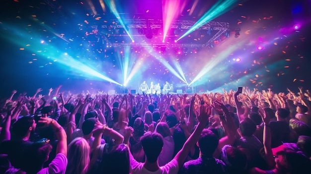 Multitud entusiasta participando en aplausos y felicidad musical en un escenario colorido con hipnóticas luces de neón azul púrpura durante una actuación de banda electrizante Ai generativo