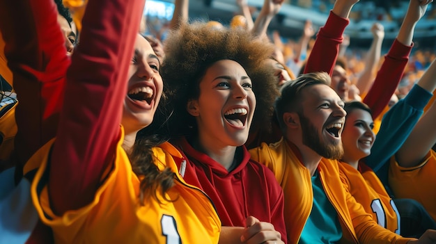 Una multitud de espectadores diversos aplaudiendo y celebrando en un evento deportivo Todos llevan los colores del equipo y están emocionados por el juego