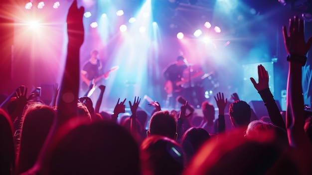 La multitud se está volviendo loca en el concierto de rock las manos están levantadas en el aire de emoción