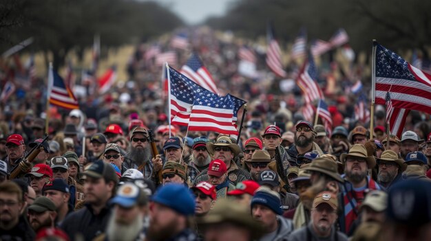 Foto una multitud de estadounidenses con banderas y armas en una manifestación en texas