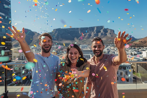 Foto una multitud de fanáticos felices está lanzando confeti en el aire