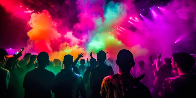 Una multitud en un festival de música con luces de colores