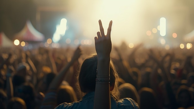 Foto multitud en un festival de música con las manos levantadas frente al escenario generative ai