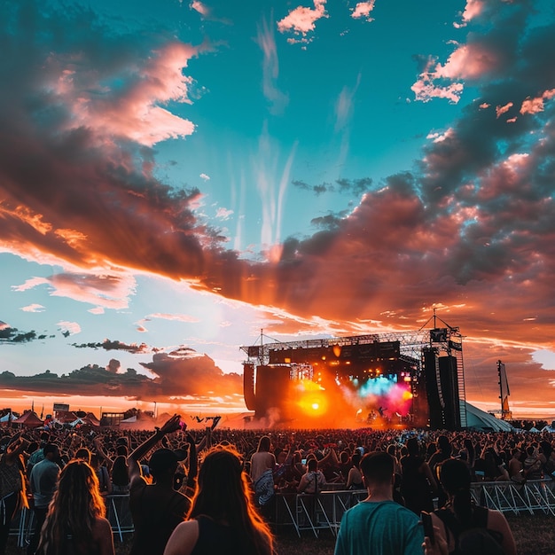 Una multitud en un festival de música con una puesta de sol en el fondo