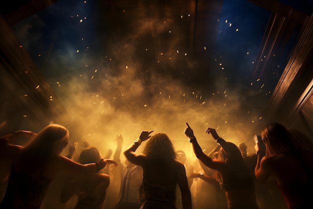 Multitud de gente bailando en el club nocturno en la pista de baile rodeada de luces y humo neural