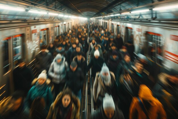 La multitud de la hora pico capturada con un borrón de movimiento en una plataforma del metro Generada por IA