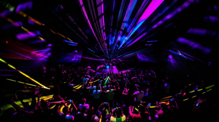 multitud iluminada de personas en un club nocturno con luces de neón generativa ai