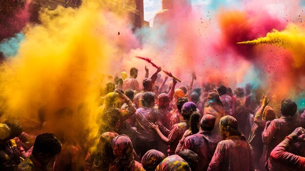 Foto la multitud lanza polvo de colores en el festival de holi