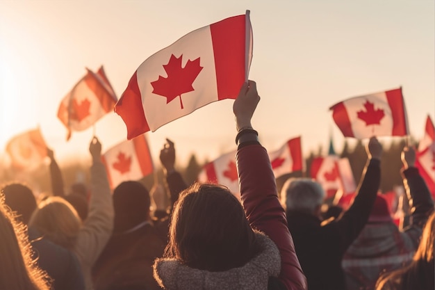 Multitud de manos ondeando banderas de Canadá AI Generativo