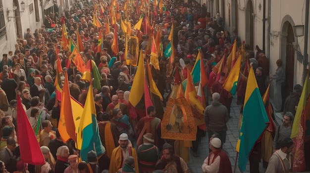 Una multitud marcha en un desfile con banderas y un cartel que dice 'el espíritu santo'