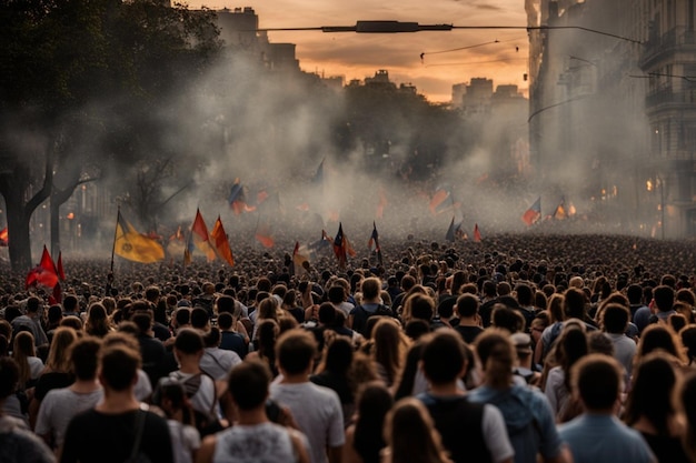 multitud marchando activista por los derechos en una gran ciudad al atardecer