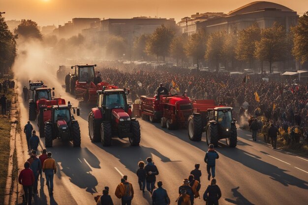 Foto multitud marchando con tractores activista por los derechos de los agricultores en una gran ciudad al atardecer