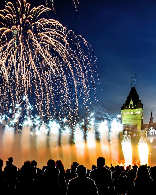 Una multitud mira los fuegos artificiales.