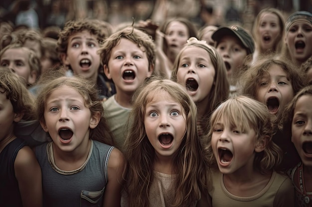 Una multitud de niños gritando Esto podría deberse a la emoción, el miedo o cualquier otra emoción fuerte IA generativa