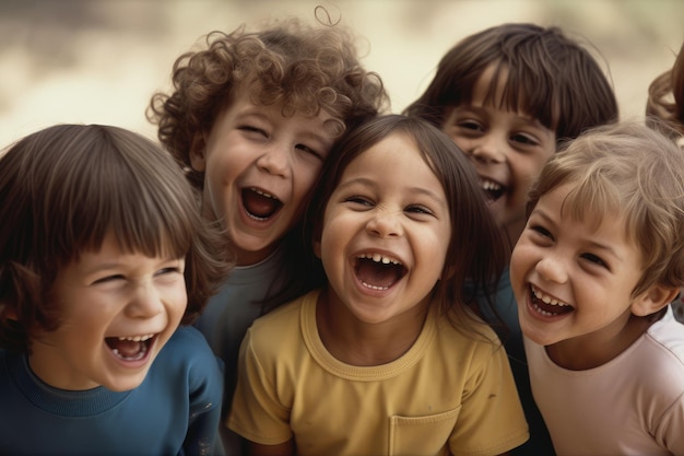 Una multitud de niños riendo es una vista conmovedora que representa la alegría pura y el espíritu despreocupado de la infancia IA generativa