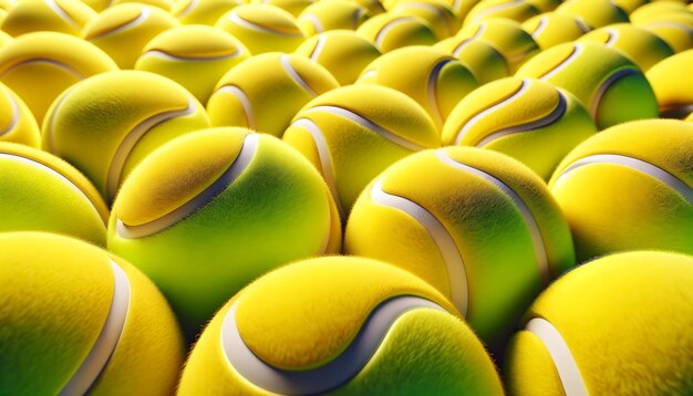 Una multitud de nuevas bolas de tenis de color amarillo brillante con costuras blancas visibles