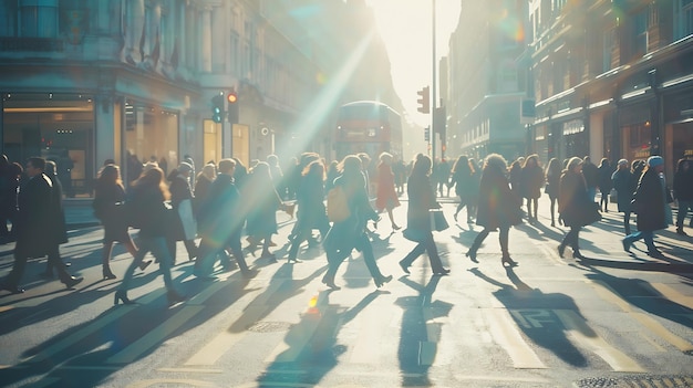 La multitud de peatones borrosa de la gente que camina en la ciudad de Londres vista panorámica de la gente a través de la IA generativa