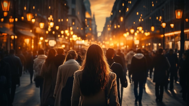 Multitud de peatones en el fondo de la calle nocturna de la postal de la gran ciudad