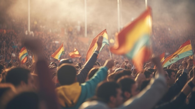 Una multitud de personas con banderas en el aire