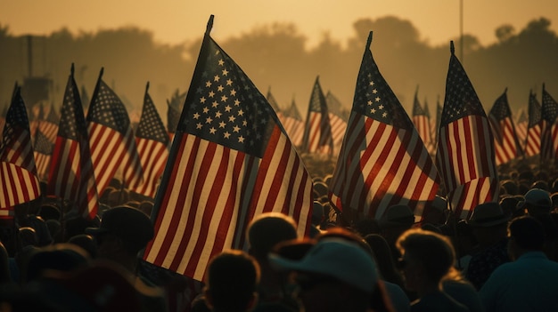 Una multitud de personas con banderas americanas en el fondo.