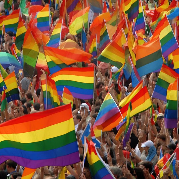 Una multitud de personas con banderas de arcoíris en el aire.