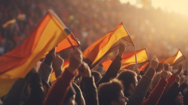 Una multitud de personas con banderas en un estadio deportivo