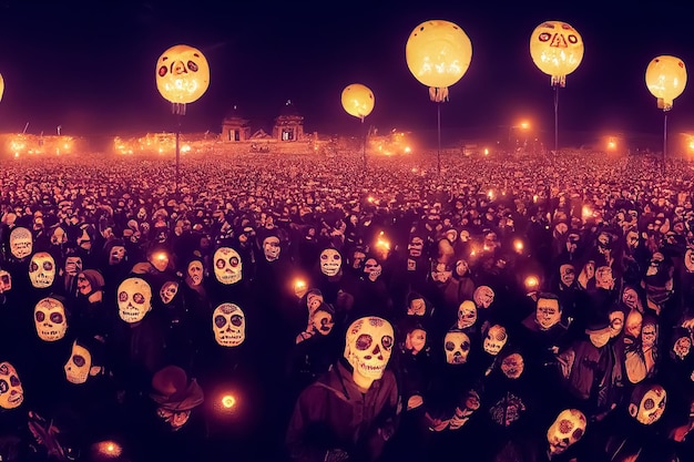Foto una multitud de personas con calaveras y linternas en la oscuridad