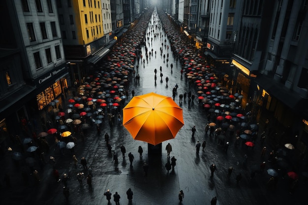 multitud de personas en la calle en un día de lluvia