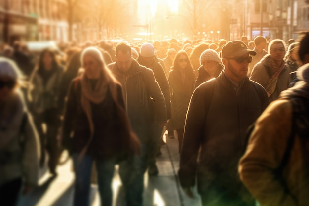 Foto multitud de personas caminando en una calle muy transitada moviéndose rápido por el centro de la ciudad