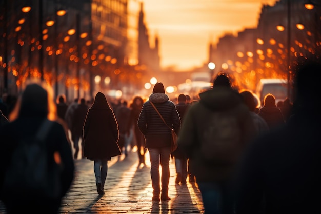 Multitud de personas caminando por la calle con un suave bokeh que se mueve rápidamente en la ciudad